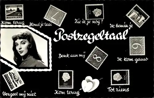 Briefmarken Ak Briefmarkensprache, Frauenportrait, Niederlande