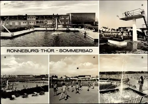 Ak Ronneburg in Thüringen, Sommerbad, Umkleidekomplex, Sprunganlage, Volleyballplatz, Springbrunnen