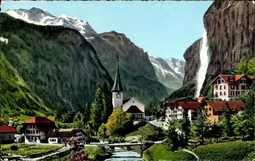 Ak Lauterbrunnen Kanton Bern, Teilansicht mit Staubbach und Jungfrau