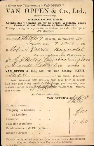 Ak London City England, Van Oppen & Co. Ltd., Expediteurs, Bartholomew Close