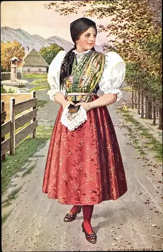 Künstler Ak Tschechisch-slowakische Tracht, Portrait einer Frau, Dorfpartie, Bäume