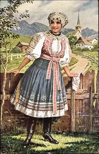 Künstler Ak Tschechisch-slowakische Tracht, Portrait einer Frau, Dorfpartie, Wohnhäuser, Kirche