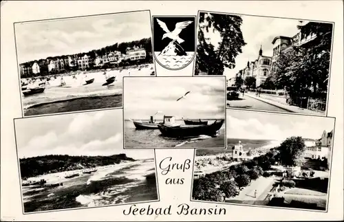 Ak Ostseebad Bansin Heringsdorf auf Usedom, Strand, Wappen, Boote