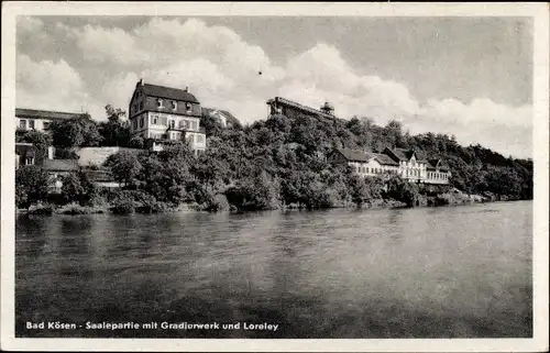 Ak Bad Kösen Naumburg an der Saale, Saalepartie mit Gradierwerk und Loreley