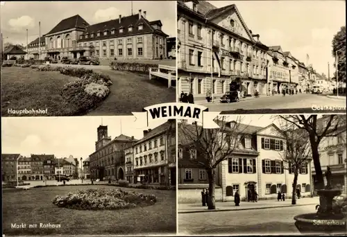 Ak Weimar in Thüringen, Markt mit Rathaus, Schillerhaus, Hauptbahnhof