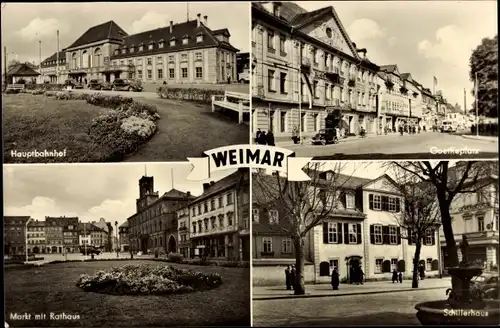 Ak Weimar in Thüringen, Markt mit Rathaus, Schillerhaus, Hauptbahnhof, Goetheplatz