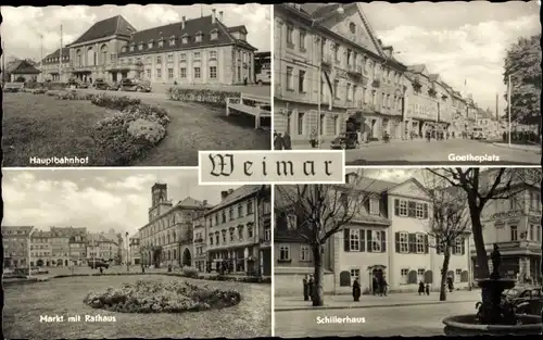 Ak Weimar in Thüringen, Markt mit Rathaus, Schillerhaus, Hauptbahnhof, Goetheplatz