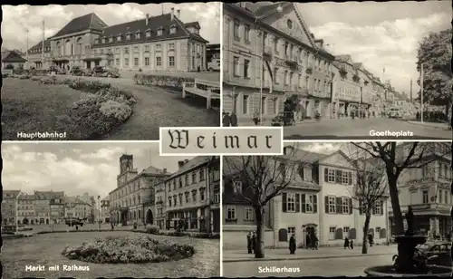 Ak Weimar in Thüringen, Markt mit Rathaus, Schillerhaus, Hauptbahnhof, Goetheplatz