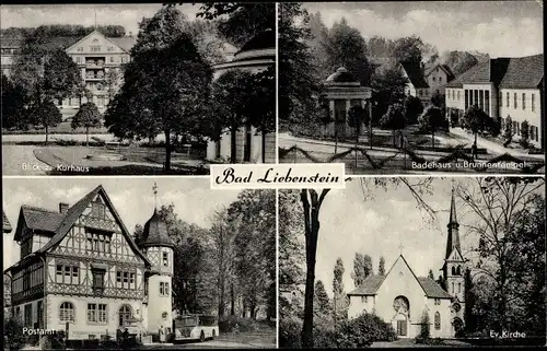 Ak Bad Liebenstein im Thüringer Wald, Badehaus, Postamt, Ev. Kirche, Kurhaus