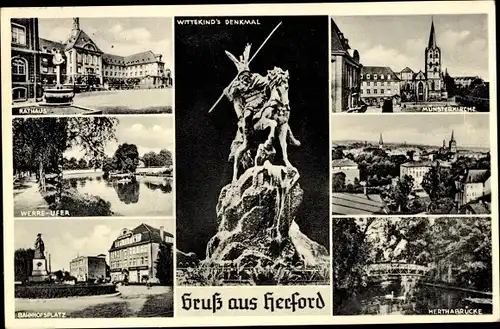 Ak Herford in Nordrhein Westfalen, Münsterkirche, Bahnhofsplatz, Herthabrücke, Rathaus, Denkmal