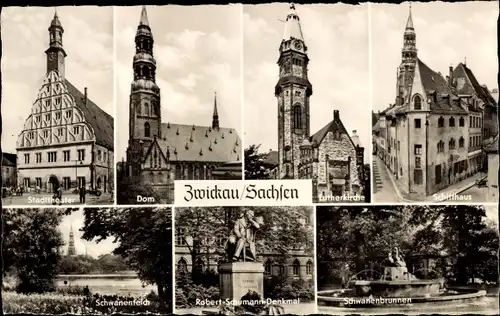 Ak Zwickau in Sachsen, Dom, Schwanenbrunnen, Schwanenteich, Robert-Schumann-Denkmal