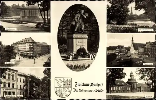 Ak Zwickau in Sachsen, Dom, Schwanenteich, Robert-Schumann-Denkmal, Hauptmarkt, Museum