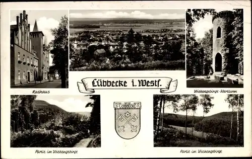 Ak Lübbecke in Westfalen, Rathaus, Partie im Wiehengebirge, Wappen, Wartturm