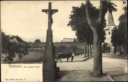 Ak Rosheim Elsass Bas Rhin, Am unteren Thor, Wegkreuz