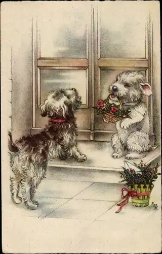 Künstler Ak Hunde mit Blumenkörben vor einer Haustür