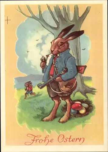 Ak Glückwunsch Ostern, Vermenschlichter Osterhase als Jäger mit Gewehr, Ostereiernest