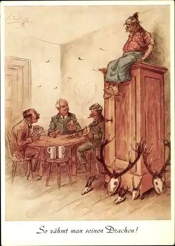 Künstler Ak Geilfus, H., So zähmt man seinen Drachen, Jäger spielen Karten, Geweihe