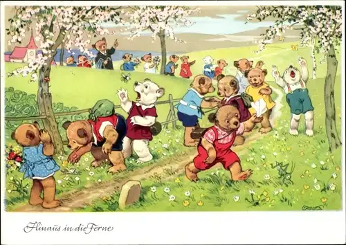 Künstler Ak Hinaus in die Ferne, vermenschlichte Teddys bei einem Ausflug