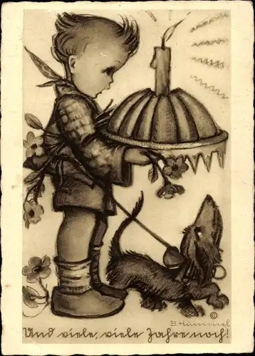 Künstler Ak Hummel, Berta, Und viele viele Jahre noch, Nr. 4427, Kind mit Geburtstagskuchen, Dackel