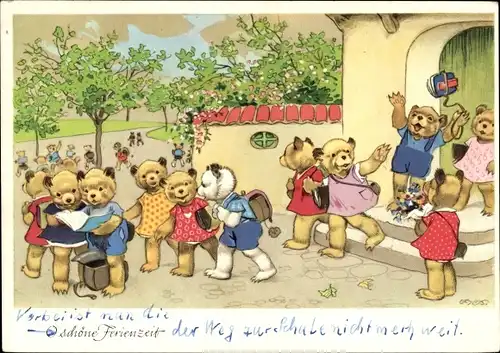 Künstler Ak Baumgarten, Fritz, O schöne Ferienzeit, Bärenkinder im Schulhof
