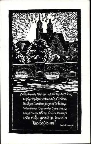 Künstler Ak Strunz, F., Plauen im Vogtland, Flusspartie mit Blick zur Kirche, Gedicht von F. Fischer