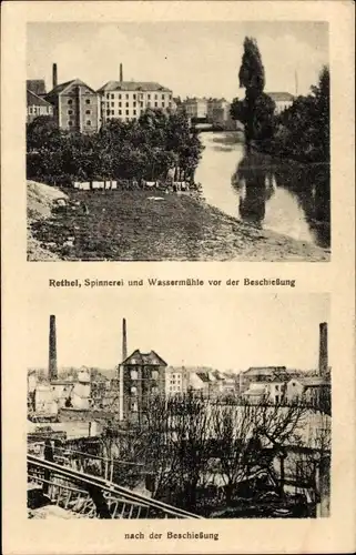 Ak Rethel Ardennes, Spinnerei, Wassermühle vor und nach der Beschießung, Kriegszerstörung 1. WK