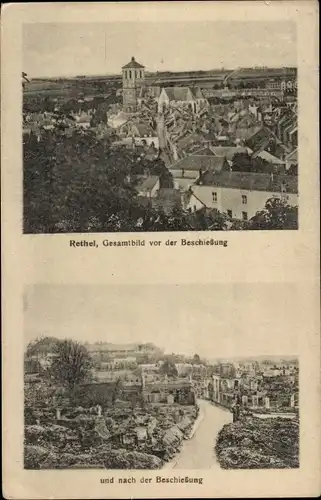 Ak Rethel Ardennes, Gesamtbild vor und nach der Beschießung, Kriegszerstörung 1. WK