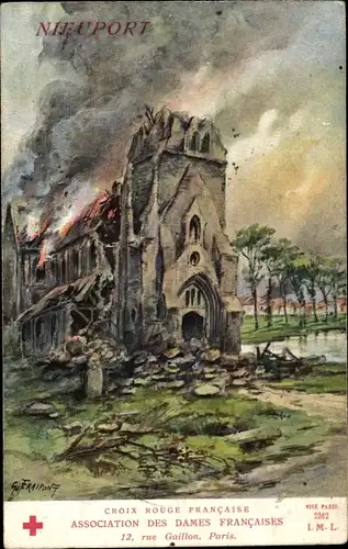 Künstler Ak Fraipont, G., Nieuwpoort Westflandern, Kirche, Kriegszerstörungen, I. WK