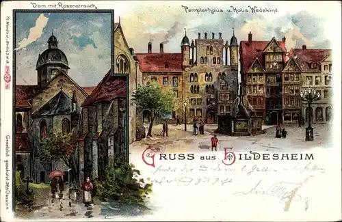 Litho Hildesheim in Niedersachsen, Dom mit Rosenstrauch, Templerhaus und Haus Wedekind