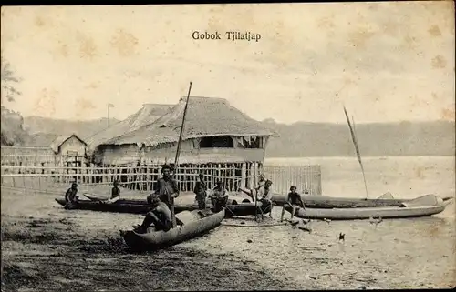 Ak Gobok Tjilatjap Indonesien, Strandpartie, Einheimische, Boote, Stelzenhaus