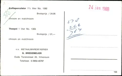 Ak Reklame, verchromte Kaffeekanne, Teekanne, Metaalwarenfabriek Bredemeijer, Hilversum