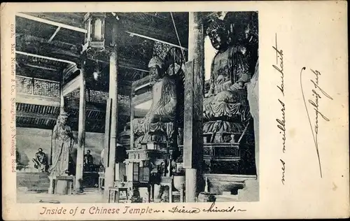 Ak China, Innenansicht von einem Tempel, Buddha Statuen