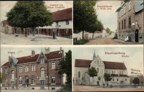 Ak Süpplingenburg Niedersachsen, Kirche, Schule, Gasthof Herm. Uetzfeldt, Geschäftshaus Wilh. Otto