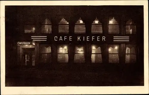 Ak Saarbrücken, Café Kiefer, Nachtbeleuchtung