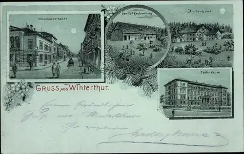 Mondschein Litho Winterthur Kt. Zürich Schweiz, Museumsstraße, Hof Eschenberg, Bruderhaus, Technikum