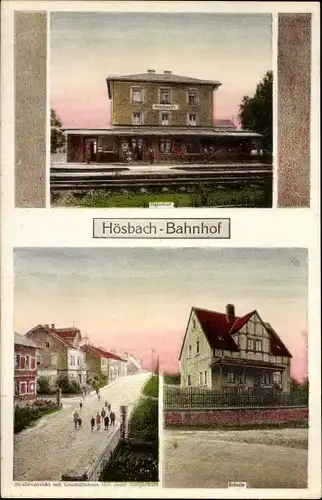 Ak Hösbach Unterfranken, Bahnhof Gleisseite, Schule, Geschäft Josef Steigerwald