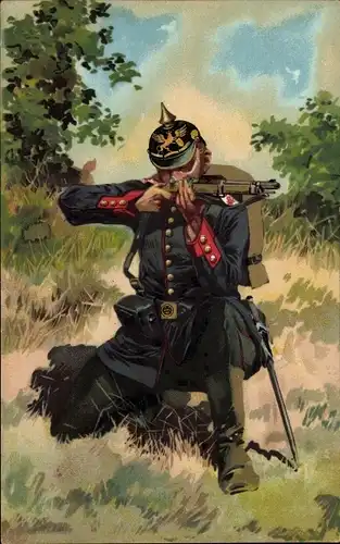 Künstler Litho Hoffmann, A., Deutscher Soldat, Garde Jäger, Munitionsgürtel, Gewehr, Kaiserreich