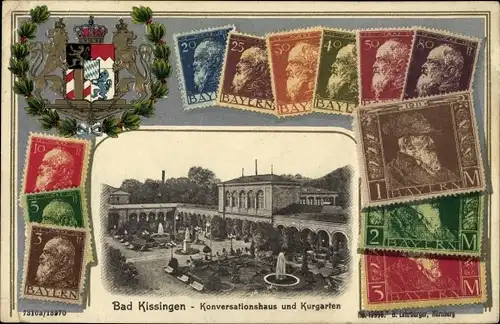Präge Wappen Briefmarken Ak Bad Kissingen Unterfranken Bayern, Konversationshaus, Kurgarten