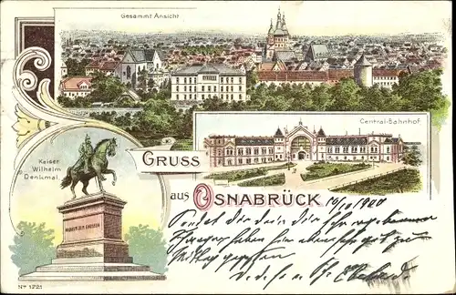 Litho Osnabrück in Niedersachsen, Kaiser Wilhelm Denkmal, Zentralbahnhof, Gesamtansicht