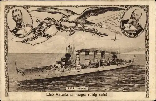 Ak Deutsches Kriegsschiff SMS Stralsund, Prinz Heinrich von Preußen, Admiral von Tirpitz