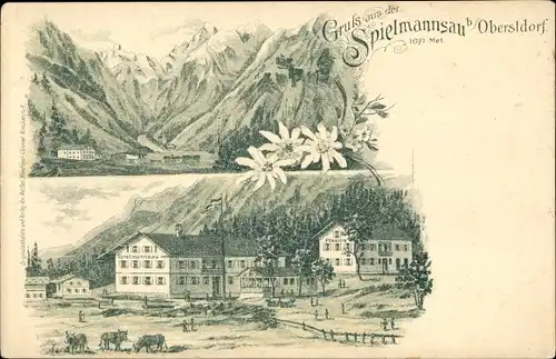 Litho Spielmannsau Oberstdorf im Oberallgäu, Panorama, Gasthof Spielmannsau