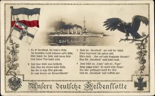 Ak Deutsches Kriegsschiff SMS Stralsund, deutsche Heldenflotte, Kaiserliche Marine, Gedicht, GLK