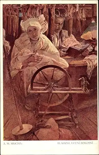 Künstler Ak Mucha, Alfons M., Blahoslavenstvi, Frau in Tracht am Spinnrad