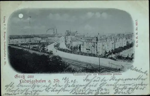 Mondschein Ak Ludwigshafen am Rhein, Panorama von der Rheinbrücke aus