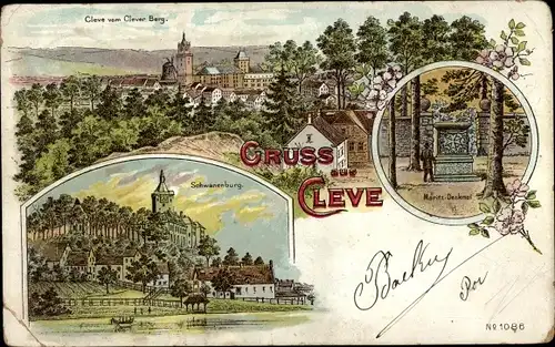 Litho Kleve am Niederrhein, Schwanenburg, Moritzdenkmal, Panorama vom Clever Berg