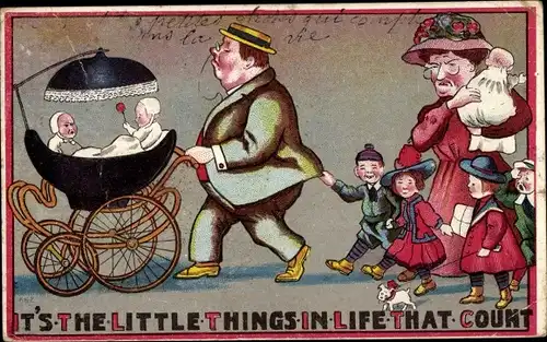 Ak Die kleinen Dinge im Leben zählen, Mutter und Vater mit Kindern, Kinderwagen