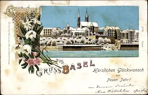 Winter Litho Basel Bâle Stadt Schweiz, Teilansicht, Glückwunsch Neujahr