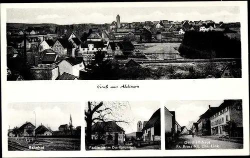 Ak Aldingen Württemberg, Gesamtansicht, Bahnhof, Dorfbrunnen, Geschäftshaus Fritz Brass