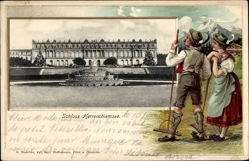 Präge Passepartout Litho Herrenchiemsee Chiemsee Oberbayern, Schloss, Frau, Mann, Dirndl, Lederhose