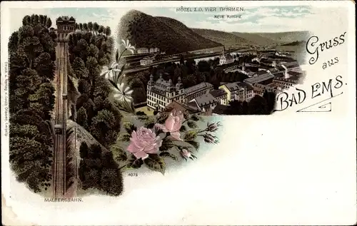 Litho Bad Ems an der Lahn, Hotel zu den vier Türmen, Malbergbahn, neue Kirche